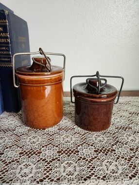 Stoneware Butter Crock With Wire Bail Lids - Set Of 2